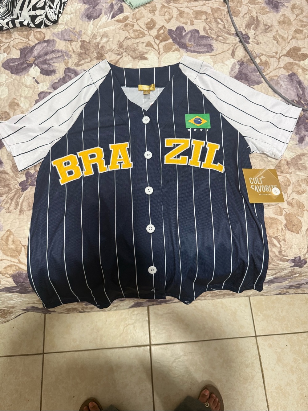 Brazil Stripe Baseball Jersey Tee - Navy & White